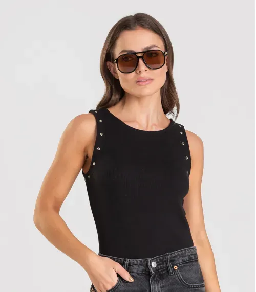 Regata Feminina Canelada com Ilhós Dianna Preto