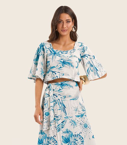 Blusa Cropped Manga Ampla em Meia Malha Endless Azul