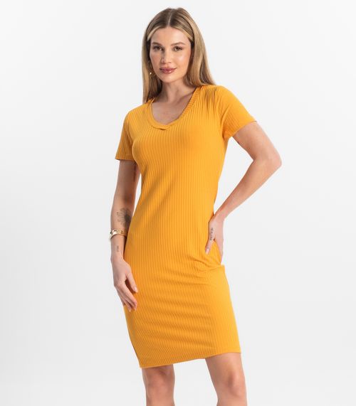 Vestido Feminino Em Ribana Canelada Rovitex Amarelo