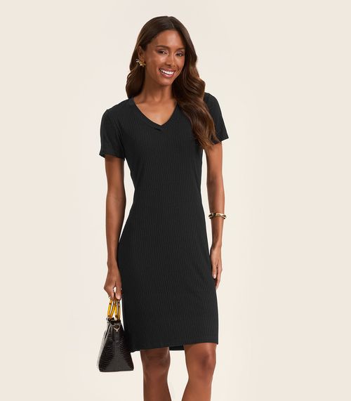 Vestido Acinturado Em Ribana Canelada Rovitex Preto