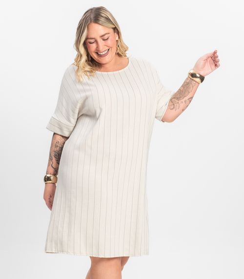 Vestido Plus Size em Visco Listras Secret Glam Bege