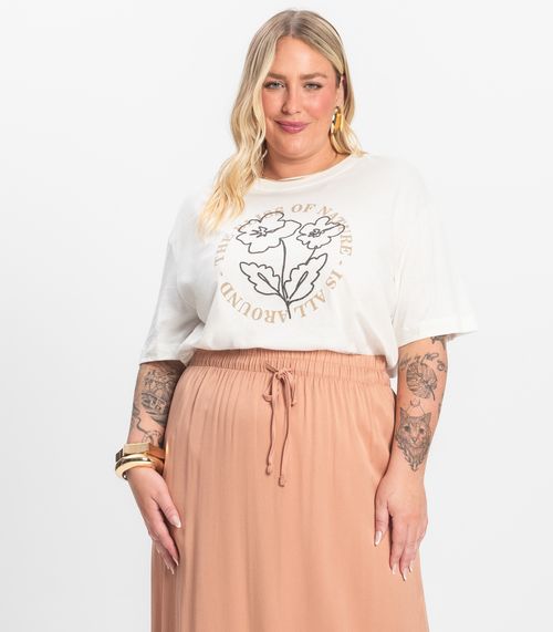 Camiseta Plus Size em Meia Malha Secret Glam Bege