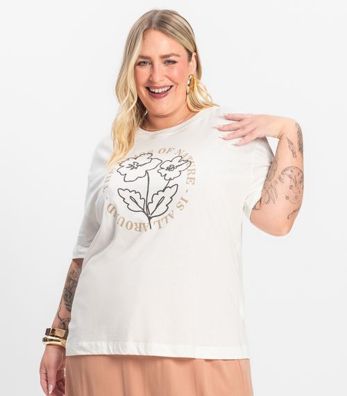 Camiseta Plus Size em Meia Malha Secret Glam Bege