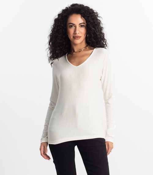 Blusa Manga Longa Em Ribana Canelada Rovitex Bege