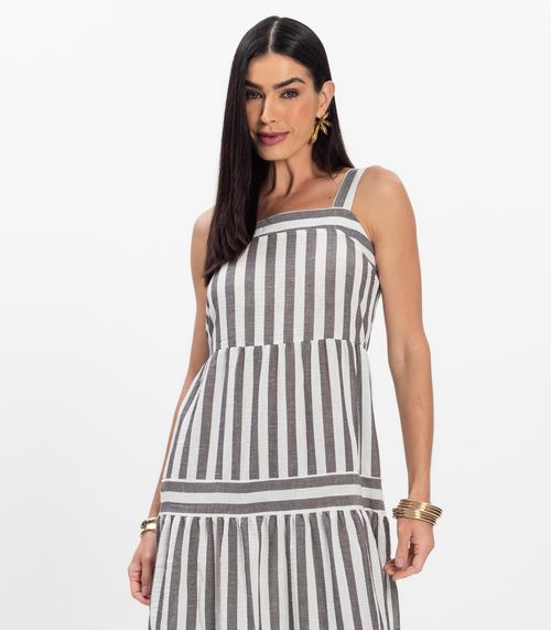 Vestido Midi Feminino Listrado De Alça Aishty Preto