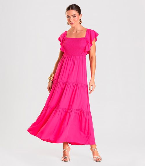 Vestido Midi Feminino Em Viscose Com Lastex Aishty Rosa