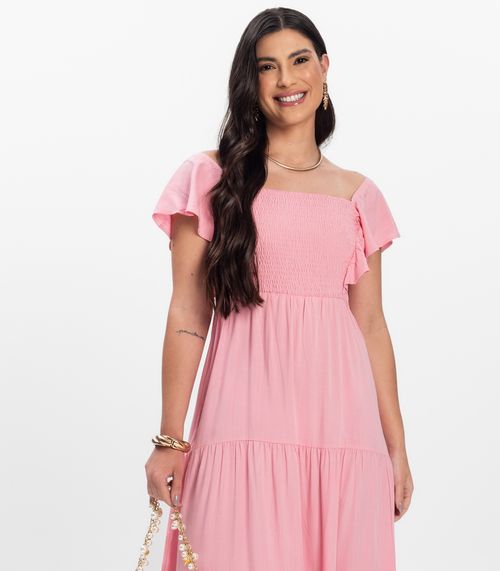 Vestido Midi Feminino Em Viscose Com Lastex Aishty Rosa