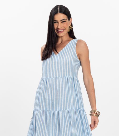 Vestido Midi Feminino Listrado Decote V Aishty Azul