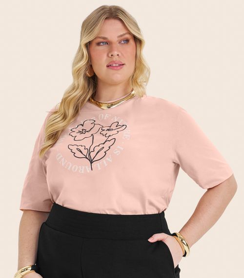 Camiseta Plus Size em Meia Malha Secret Glam Rosa