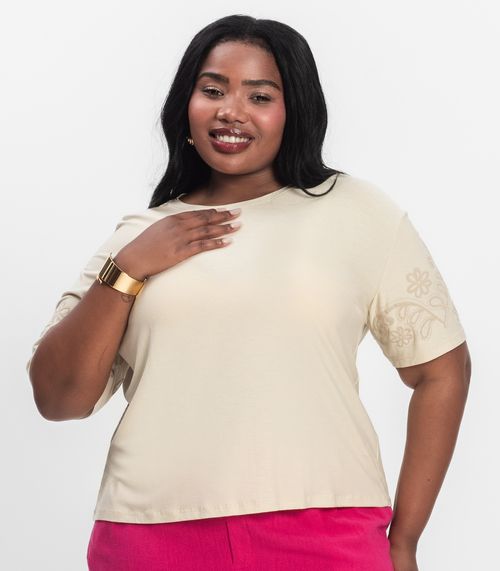 Blusa Manga Curta Plus Size Secret Glam Bege