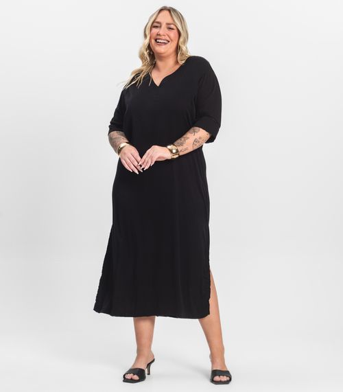 Vestido Manga Curta em Viscose Secret Glam Preto