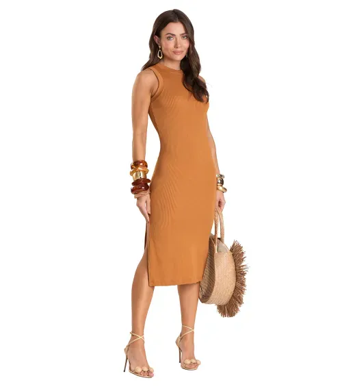 Vestido Midi Canelado Dianna Marrom