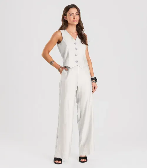 Calça Pantalona em Tecido Alfaiataria Dianna Bege