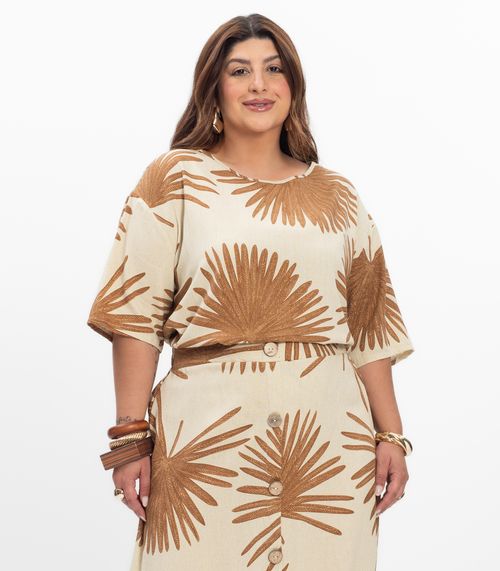 Blusa Manga Curta Feminina Plus Size Secret Glam Bege