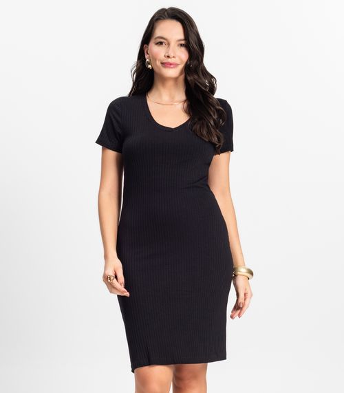 Vestido Feminino Em Ribana Canelada Rovitex Preto