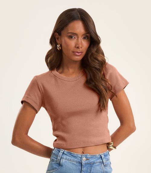Blusa Cropped Ribana Básica Rovitex Marrom