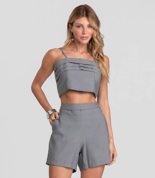 Shorts Feminino Cós Alto Em Alfaiataria Dianna Cinza