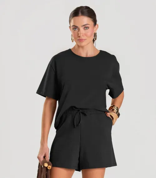 Conjunto Feminino Blusa Com Shorts Dianna Preto