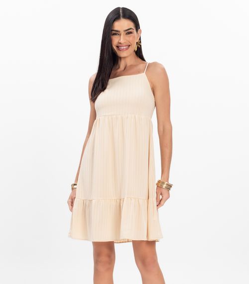 Vestido Curto Feminino Listrado Em Chiffon Aishty Bege