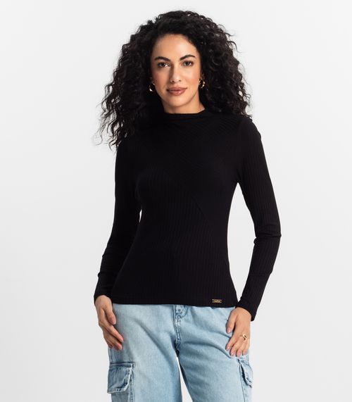 Blusa Feminina Manga Longa Ribana Canelada Rovitex Preto