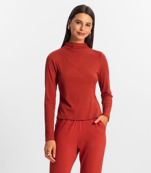 Blusa Feminina Manga Longa Ribana Canelada Rovitex Laranja