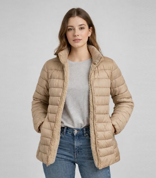 Jaqueta Puffer Feminina Peluciada Sea Surf Bege