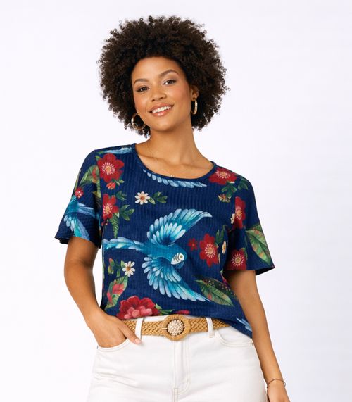 Blusa Feminina em Ribana Canelada Infinita Cor Azul