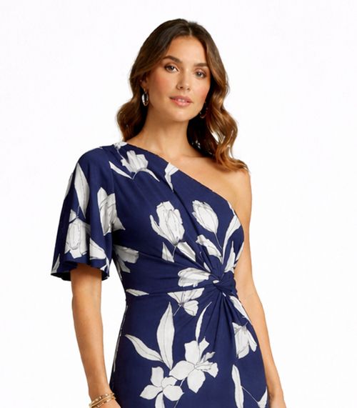 Vestido Midi Feminino Manga Única Donna Azul