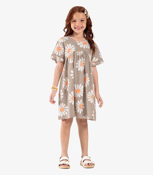 Vestido Infantil Com Estampando Flores Trick Nick Bege