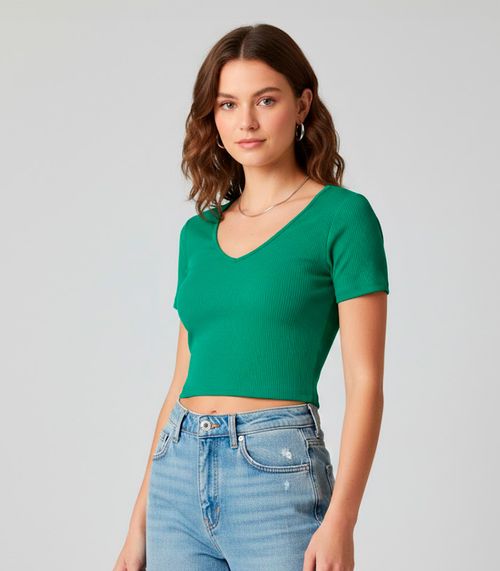 Blusa Canelada Com Decote Princesa Rovitex Verde