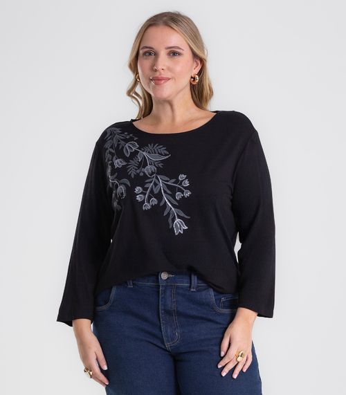 Busa De Manga Longa Bordado Plus Size Secret Glam Preto