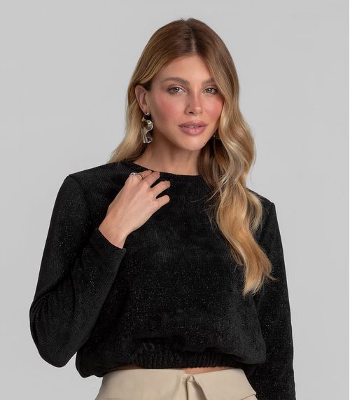 Blusa Feminina Manga Longa Tricot Shine Dianna Preto