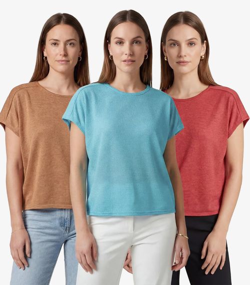 Kit 3 Blusas Femininas Recorte Na Costa Infinita Cor Sortidas