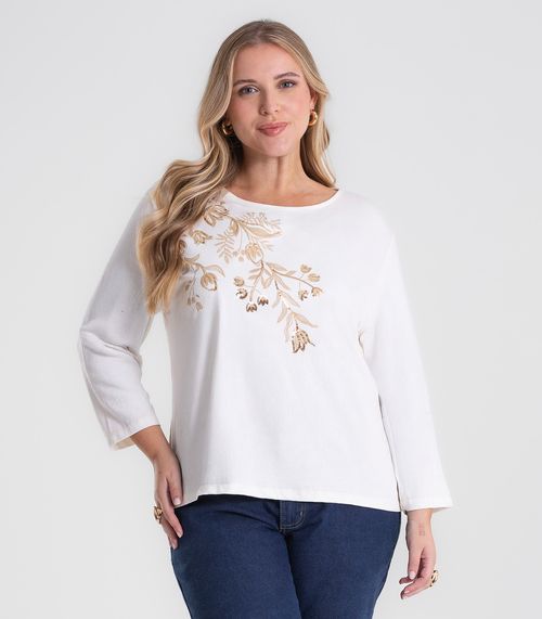 Busa De Manga Longa Bordado Plus Size Secret Glam Bege