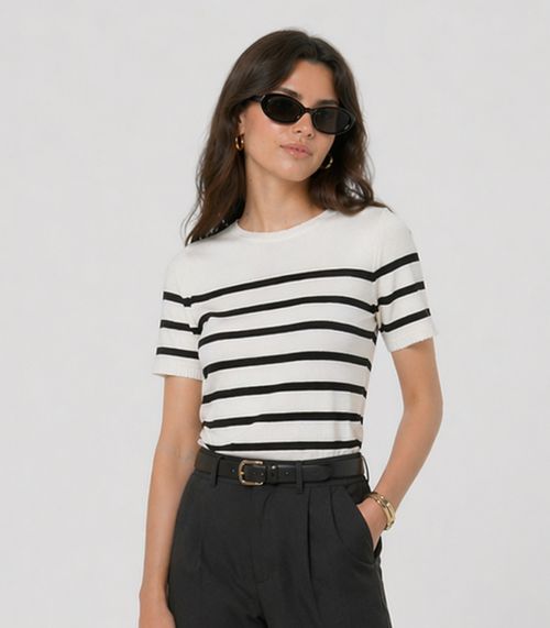 Blusa Feminina Em Tricot Listrado Dianna Bege