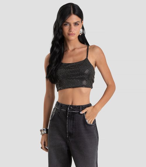 Top Feminino de Alça em Malha Lantejoula  Dianna Preto