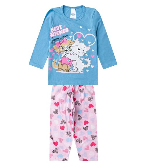 Pijama Menina Manga Longa Meia Malha Select Azul