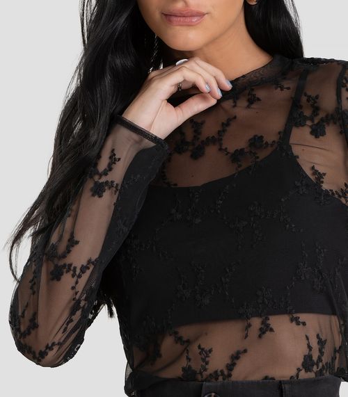 Conjunto Feminino Blusa de Tule com Top Dianna Preto
