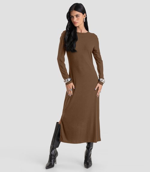 Vestido Feminino Super Midi Canelado Dianna Marrom