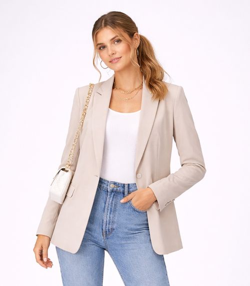 Blazer Alongado Feminino Em Alfaiataria Aishty Bege