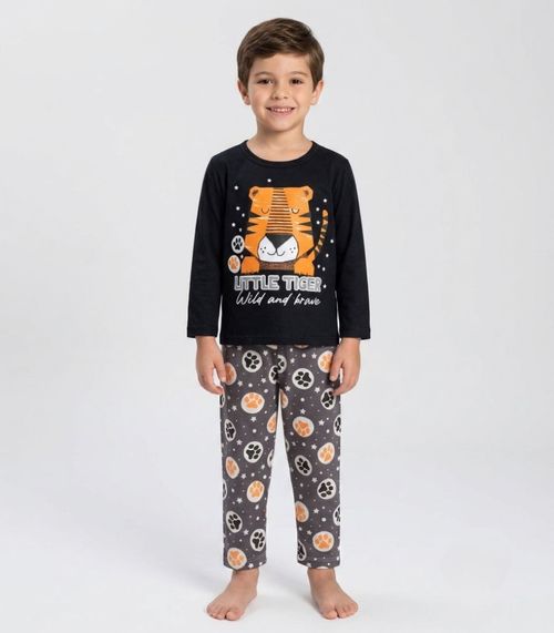 Pijama Menino Manga Longa Meia Malha Kappes Preto