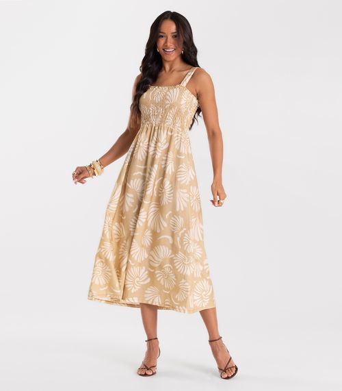 Vestido Midi Feminino Meia Malha Estampado Rovitex Marrom