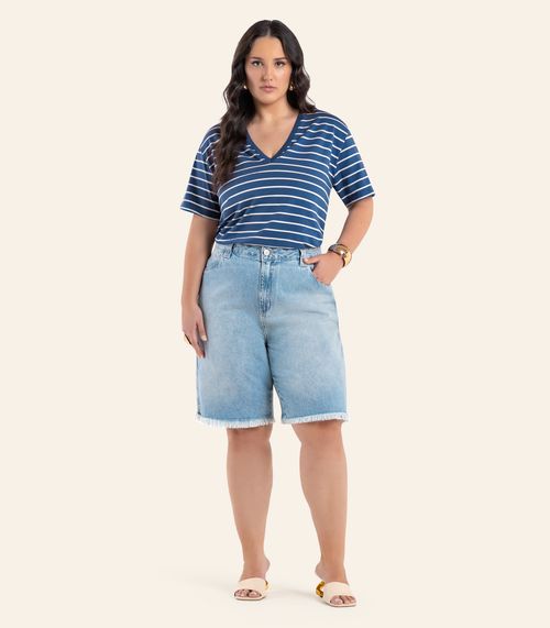 Blusa Feminina Plus Size Gola V Secret Glam Azul