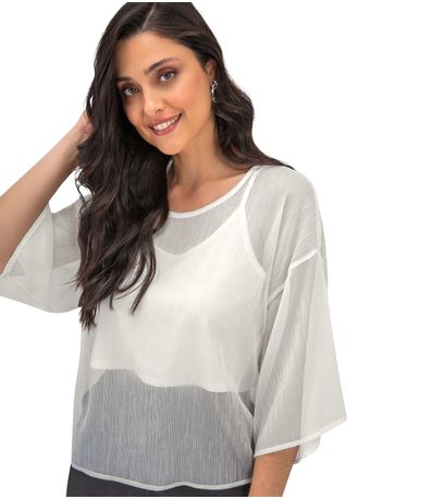 Blusa Feminina Com Cropped Chiffon Rovitex Bege