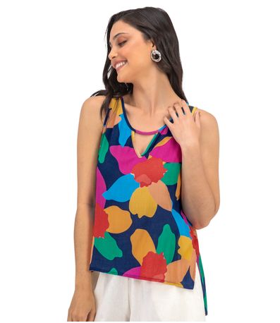 Regata Feminina Flores Assimétrica Rovitex Azul