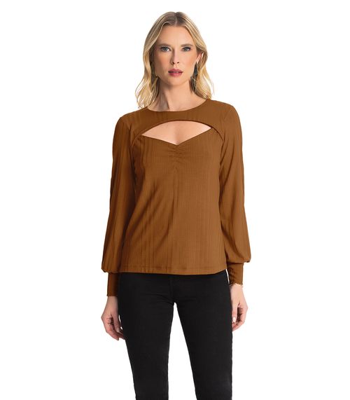 Blusa Manga Longa Canelada Rovitex Marrom