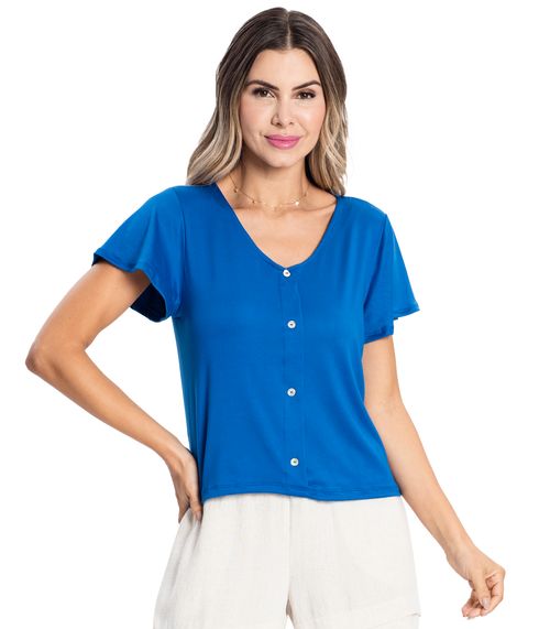 Camisa Feminina Malha Delicate Com Botões Rovitex Azul