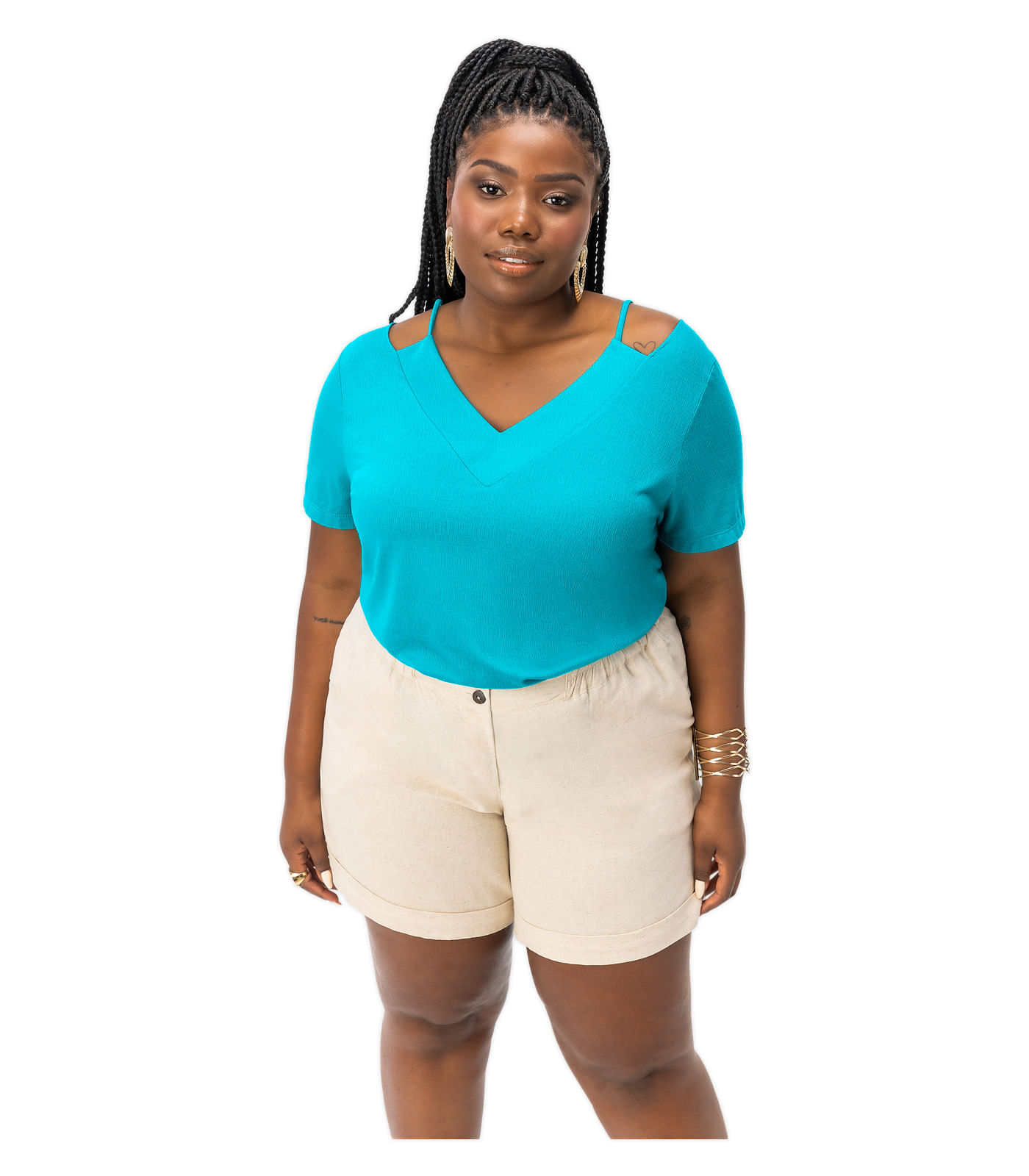 Blusa Feminina Plus Size Decote V Secret Glam Azul Secret Glam