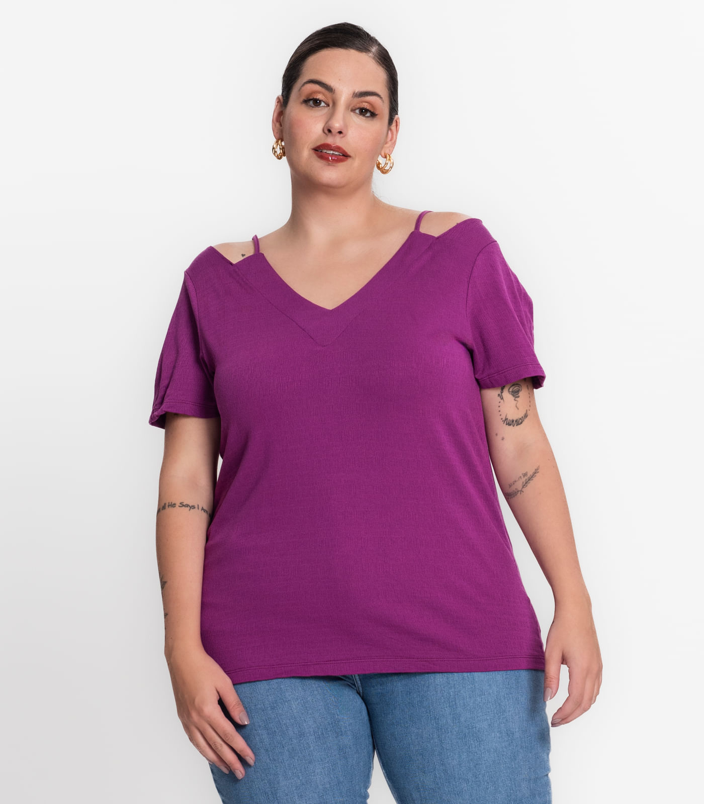 Blusa Feminina Plus Size Decote V Secret Glam Roxo Secret Glam